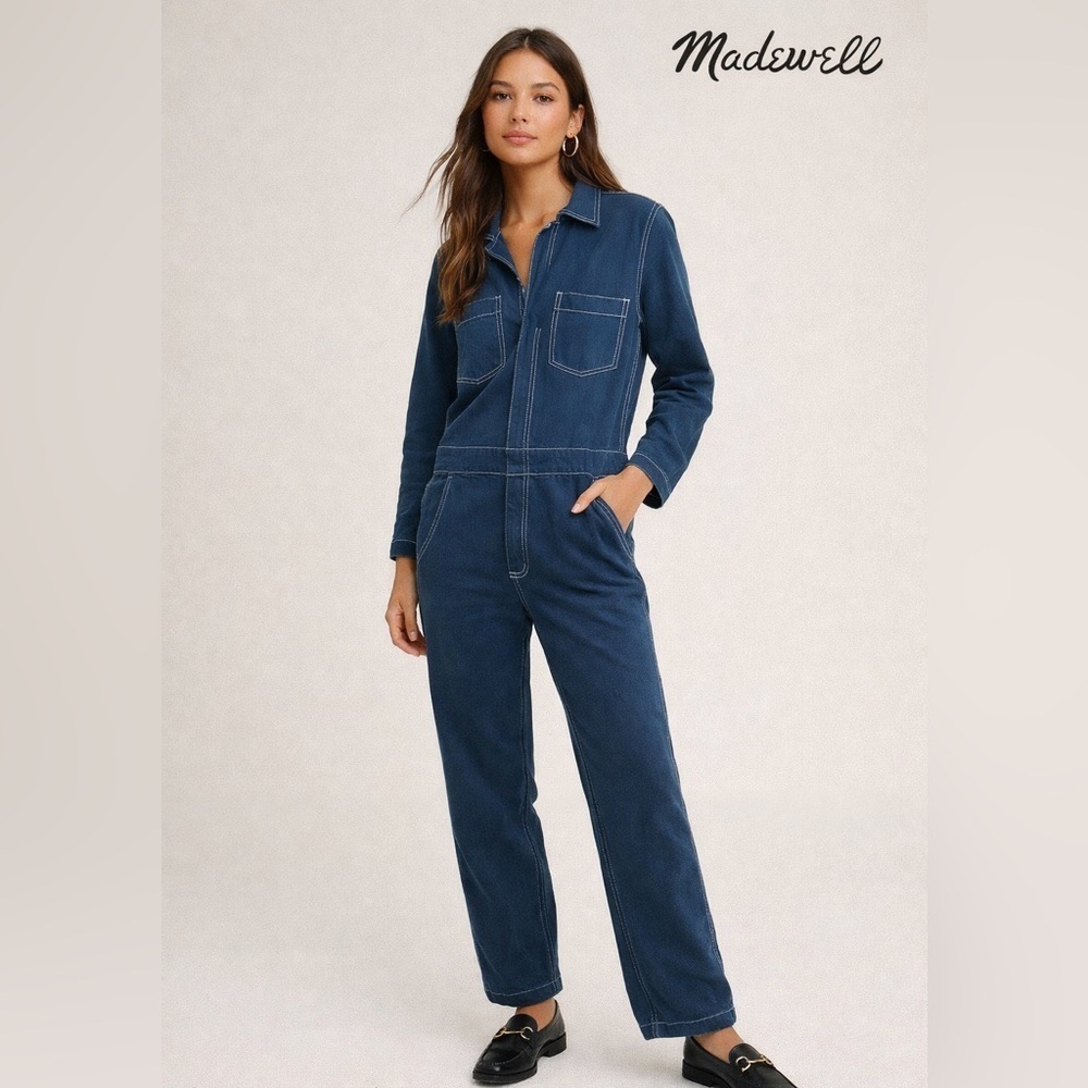 Madewell Denim Collared Straight Leg Jumpsuit size S 90s Chic Fall Minimalist